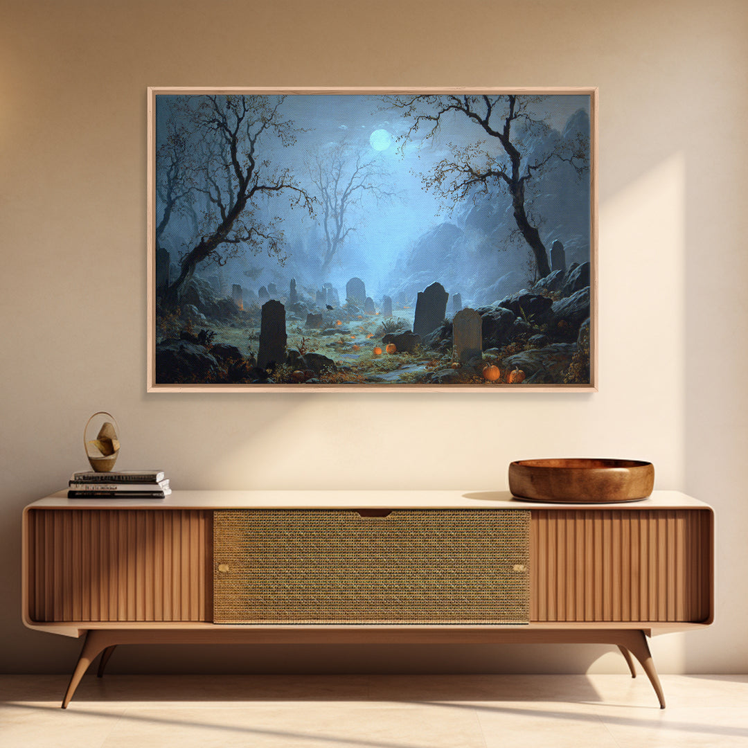 The Moonlit Cemetery, Baroque Witchcraft Art, Landscape Wall Art, Gothic Horror Wall Art, Framed Canvas Print, Halloween Wall Art