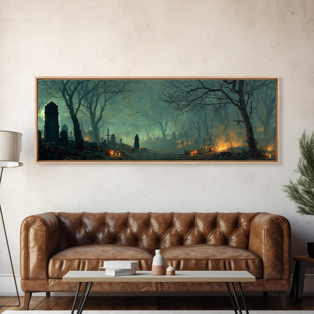 The Moonlit Cemetery, Visionary Gothic Art, Extra Wide Wall Art, Dark Fantasy Wall Art, Framed Canvas Print, Halloween Wall Art