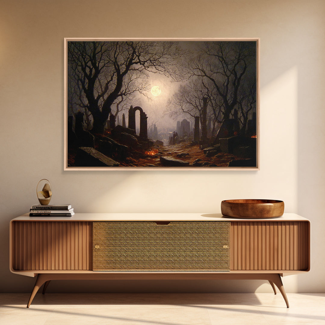 The Moonlit Cemetery, Romantic Gothic Landscape, Landscape Wall Art, Dark Fantasy Wall Art, Framed Canvas Print, Gothic Home Decor