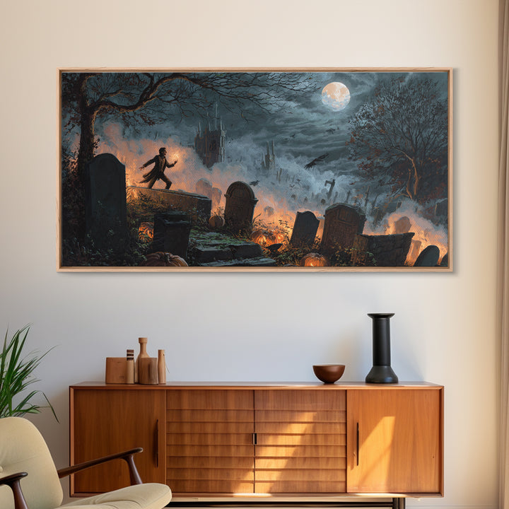 The Moonlit Cemetery, Apocalyptic Romantic Art, Wide Panoramic Art, Macabre Wall Art, Framed Canvas Print, Halloween Wall Art