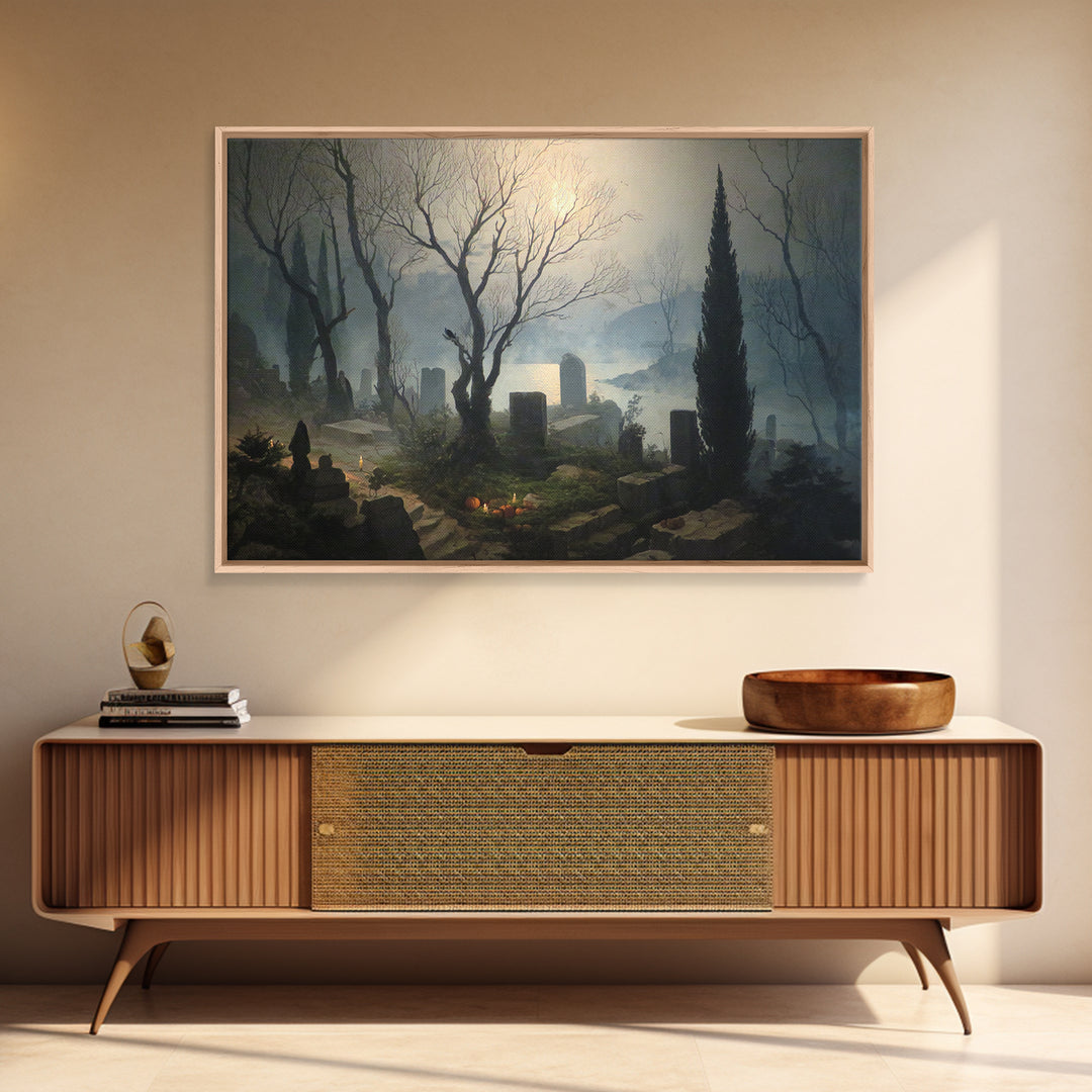 The Moonlit Cemetery, Symbolist Gothic Landscape, Landscape Wall Art, Dark Fantasy Wall Art, Canvas Print, Halloween Wall Art