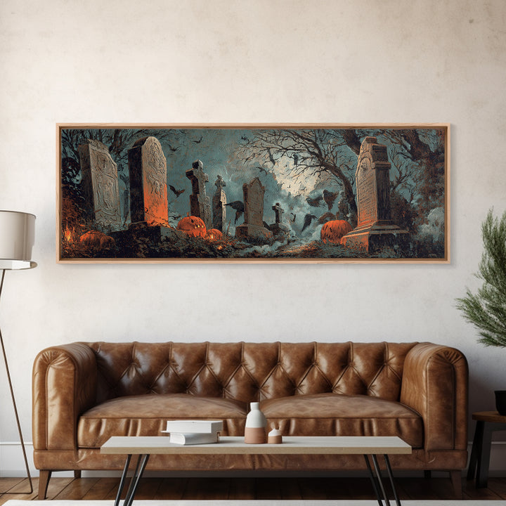 The Moonlit Cemetery, Decadent Gothic Art, Extra Wide Wall Art, Macabre Wall Art, Framed Canvas Print, Halloween Wall Art