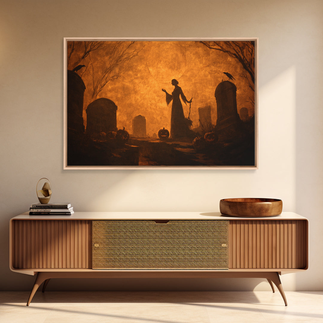 The Moonlit Cemetery, Dark Symbolist Art, Landscape Wall Art, Dark Halloween Decor, Framed Canvas Print, Halloween Wall Art