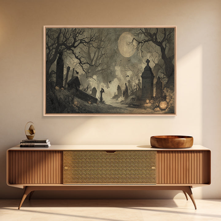 The Moonlit Cemetery, Expressionist Nightmare Art, Wide Panoramic Art, Macabre Wall Art, Canvas Print, Halloween Wall Art, Halloween Decor
