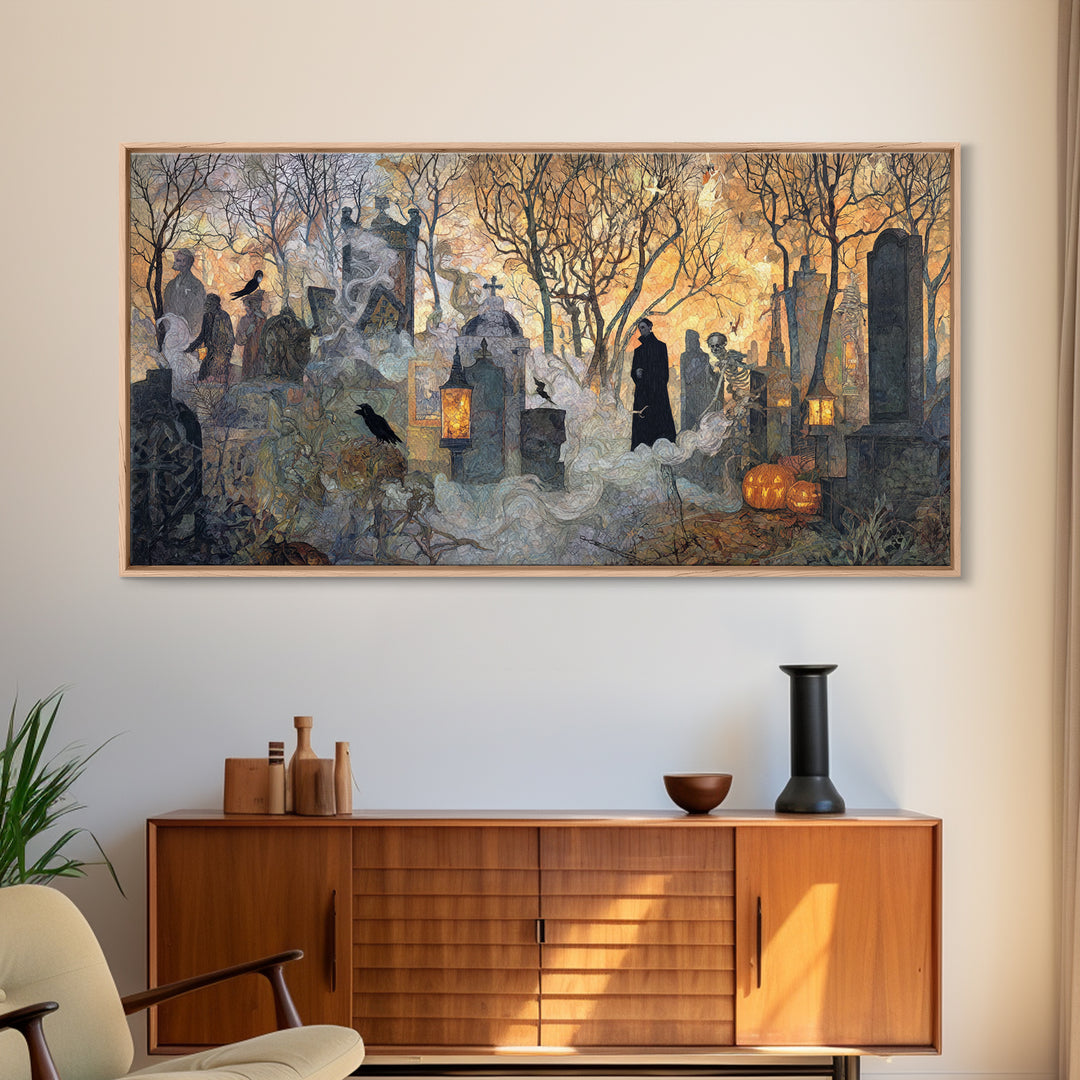 The Moonlit Cemetery, Grotesque Carnival Art, Wide Panoramic Art, Gothic Horror Wall Art, Framed Canvas Print, Halloween Wall Art