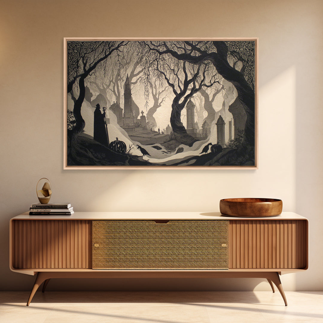 The Moonlit Cemetery, Decadent Line Art, Landscape Wall Art, Dark Fantasy Wall Art, Framed Canvas Print, Halloween Wall Art