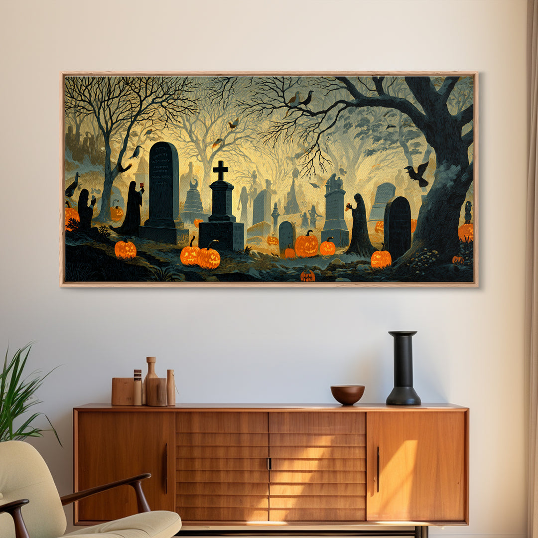 The Moonlit Cemetery, Macabre Folk Print Art, Wide Panoramic Art, Dark Fantasy Wall Art, Canvas Print, Halloween Wall Art