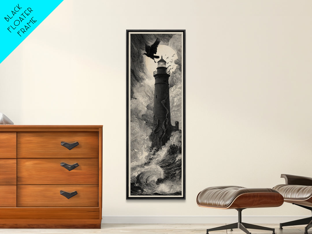The Cursed Lighthouse, Gothic Engraving Art, Tall Narrow Wall Art, Dark Fantasy Wall Art, Framed Canvas Print, Halloween Wall Art