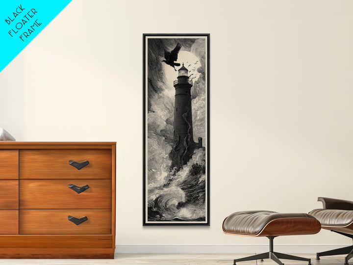 The Cursed Lighthouse, Gothic Engraving Art, Tall Narrow Wall Art, Dark Fantasy Wall Art, Framed Canvas Print, Halloween Wall Art