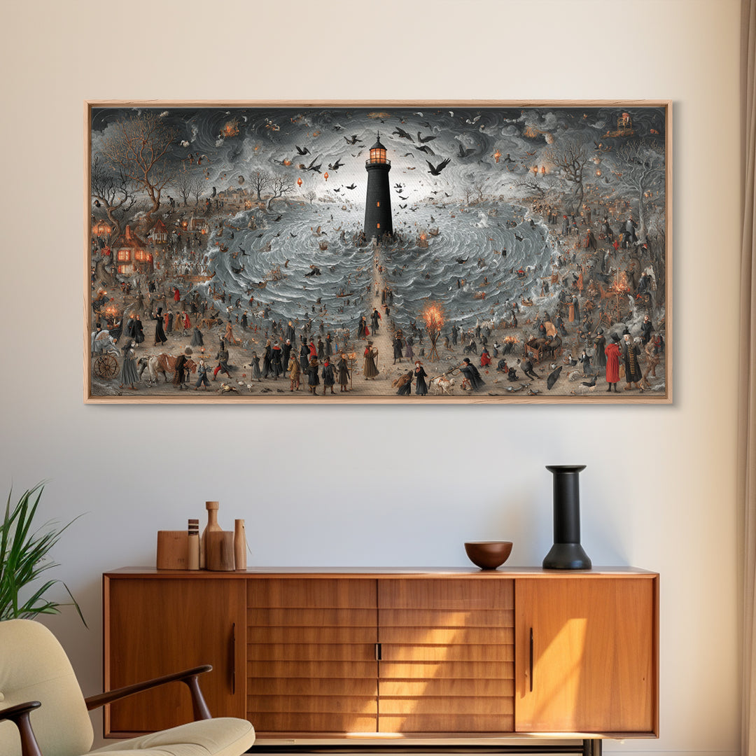 The Cursed Lighthouse, Northern Renaissance Horror, Wide Panoramic Art, Dark Halloween Decor, Canvas Print, Halloween Wall Art