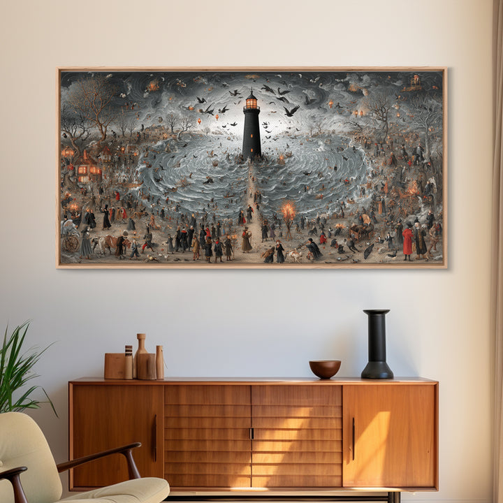 The Cursed Lighthouse, Northern Renaissance Horror, Wide Panoramic Art, Dark Halloween Decor, Canvas Print, Halloween Wall Art