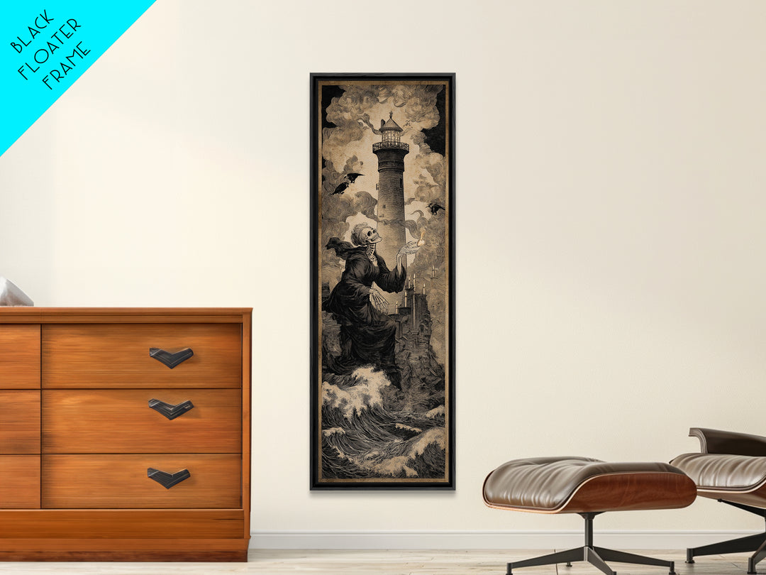The Cursed Lighthouse, Danse Macabre Art, Tall Narrow Wall Art, Macabre Wall Art, Framed Canvas Print, Halloween Decor