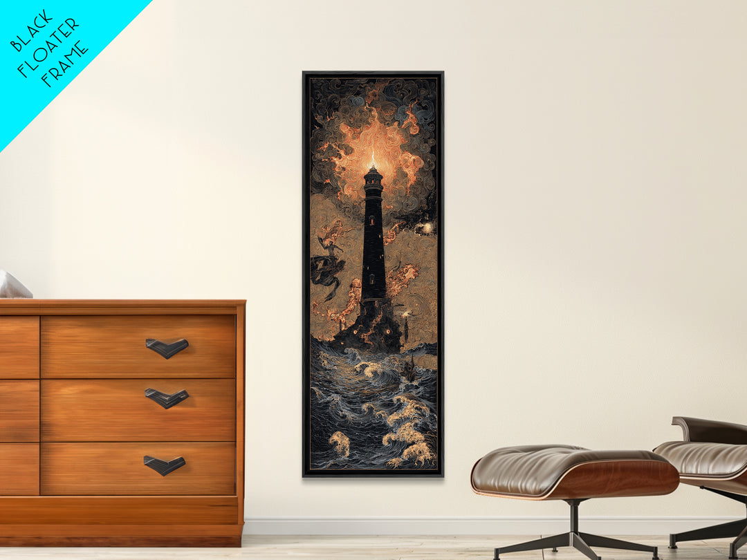 The Cursed Lighthouse, Visionary Gothic Art, Tall Narrow Wall Art, Dark Fantasy Wall Art, Framed Canvas Print, Halloween Wall Art