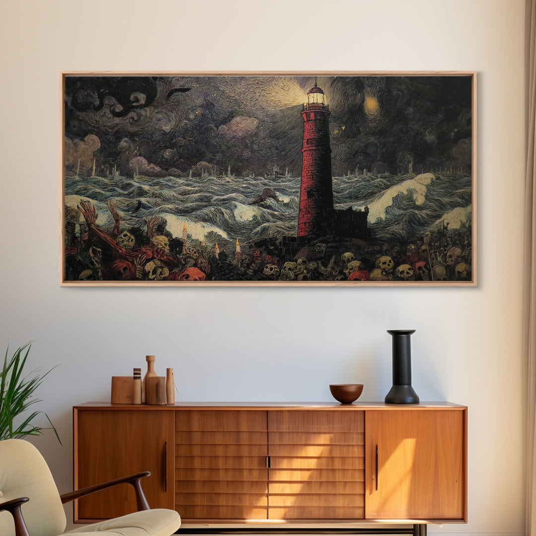 The Cursed Lighthouse, Grotesque Carnival Art, Wide Panoramic Art, Dark Fantasy Wall Art, Canvas Print, Halloween Wall Art