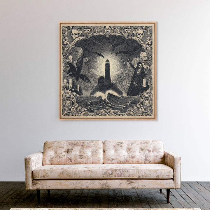 The Cursed Lighthouse, Macabre Folk Print Art, Square Wall Art, Gothic Horror Wall Art, Framed Canvas Print, Halloween Wall Art
