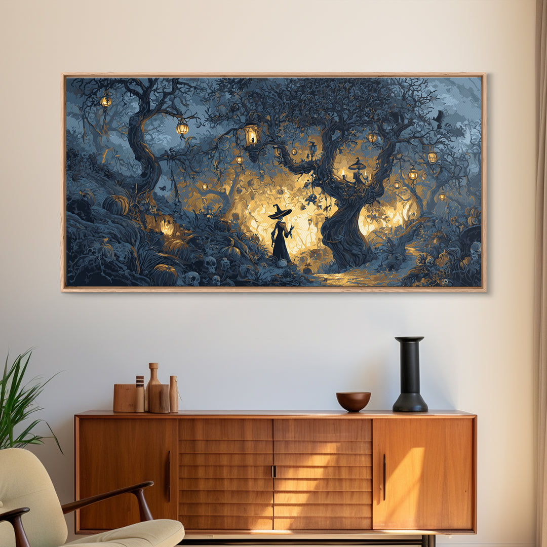 The Witch'S Forest, Macabre Folk Print Art, Wide Panoramic Art, Macabre Wall Art, Canvas Print, Halloween Wall Art