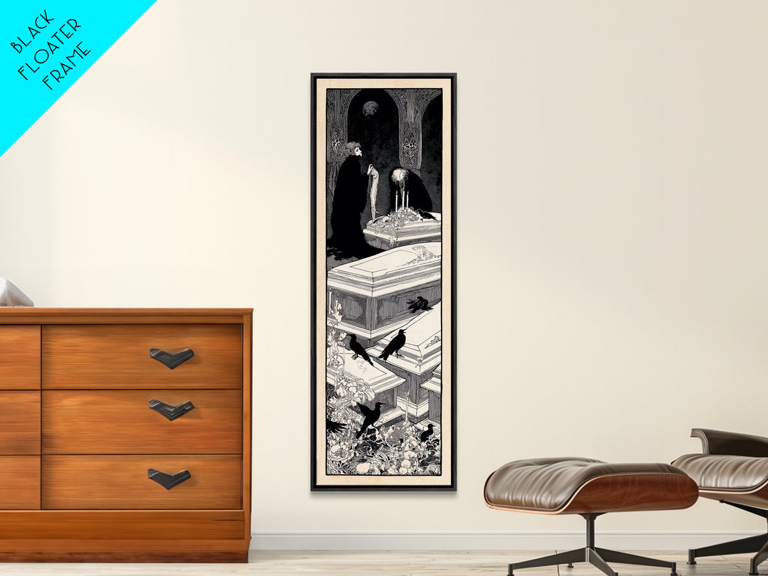 The Forgotten Crypt, Decadent Line Art, Tall Narrow Wall Art, Gothic Horror Wall Art, Framed Canvas Print, Halloween Wall Art