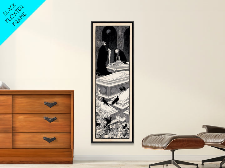 The Forgotten Crypt, Decadent Line Art, Tall Narrow Wall Art, Gothic Horror Wall Art, Framed Canvas Print, Halloween Wall Art