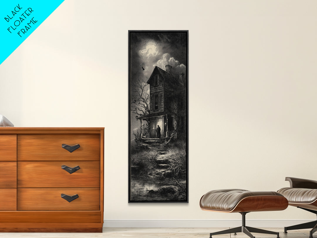 The Possessed Farmhouse, Gothic Engraving Art, Tall Narrow Wall Art, Macabre Wall Art, Canvas Print, Halloween Wall Art