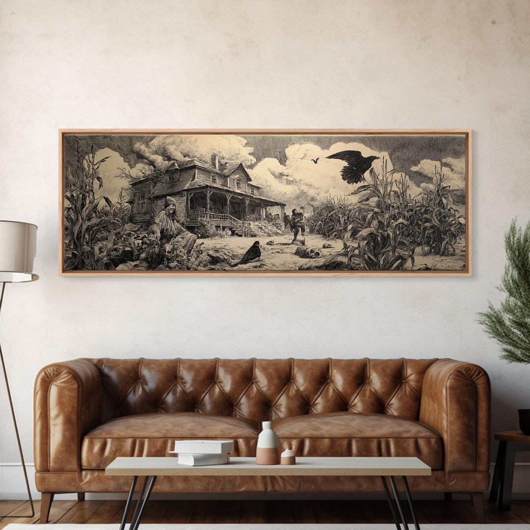 The Possessed Farmhouse, Renaissance Engraving Art, Extra Wide Wall Art, Dark Halloween Decor, Framed Canvas Print, Halloween Wall Art