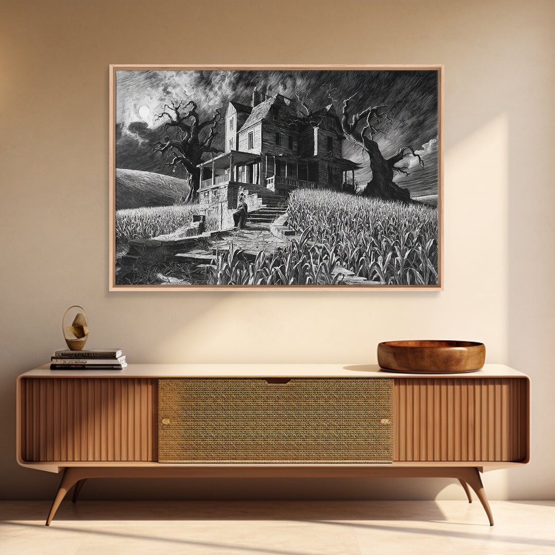 The Possessed Farmhouse, Architectural Etching Art, Landscape Wall Art, Macabre Wall Art, Framed Canvas Print