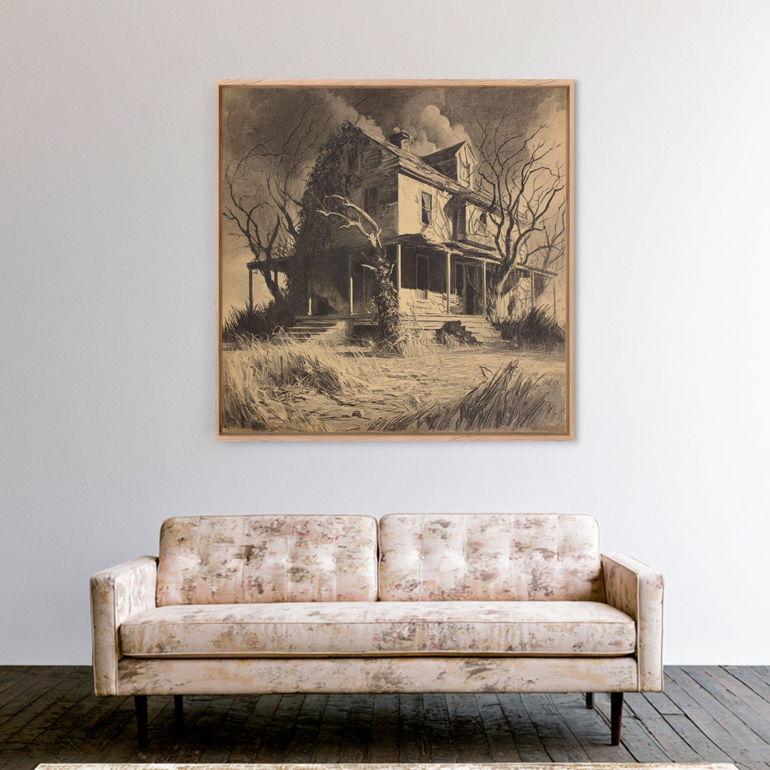 The Possessed Farmhouse, Symbolist Dream Art, Square Wall Art, Dark Halloween Decor, Canvas Print, Halloween Wall Art