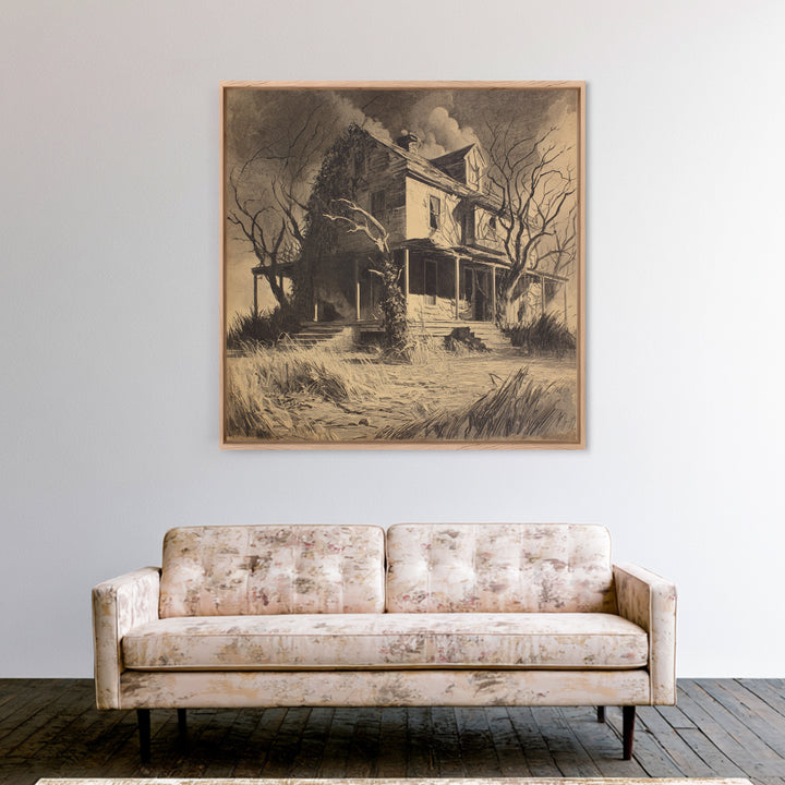 The Possessed Farmhouse, Symbolist Dream Art, Square Wall Art, Dark Halloween Decor, Canvas Print, Halloween Wall Art