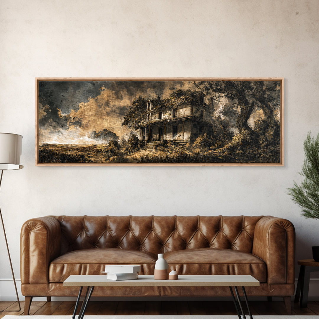 The Possessed Farmhouse, Ornate Symbolist Art, Extra Wide Wall Art, Dark Halloween Decor, Canvas Print, Halloween Wall Art