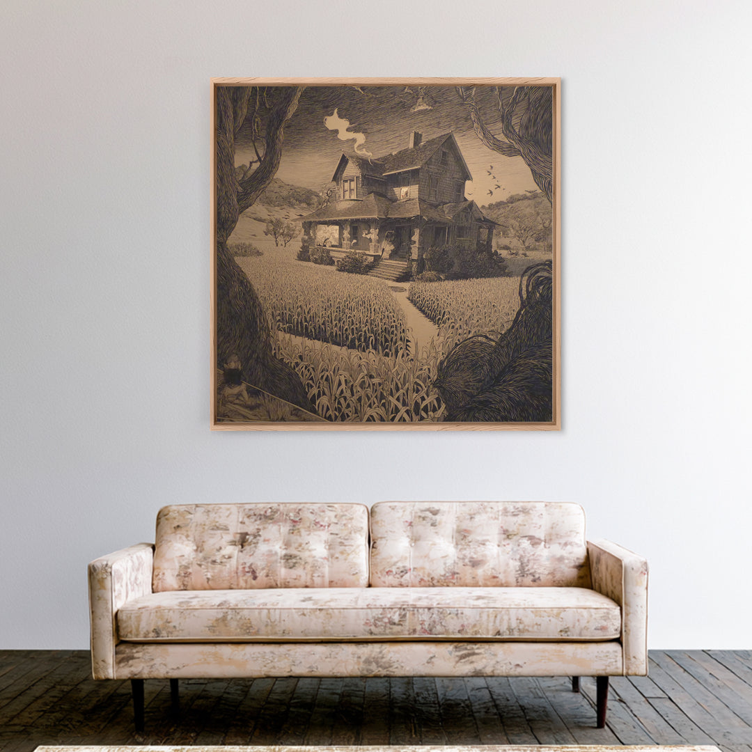 The Possessed Farmhouse, Symbolist Etching Art, Square Wall Art, Dark Halloween Decor, Framed Canvas Print, Halloween Wall Art