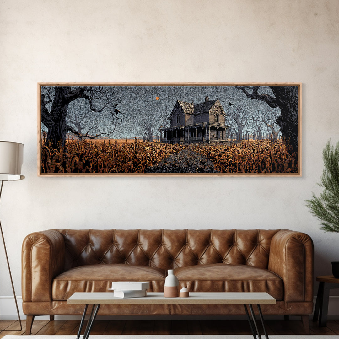 The Possessed Farmhouse, Stained Glass Gothic Art, Extra Wide Wall Art, Dark Halloween Decor, Canvas Print, Halloween Wall Art