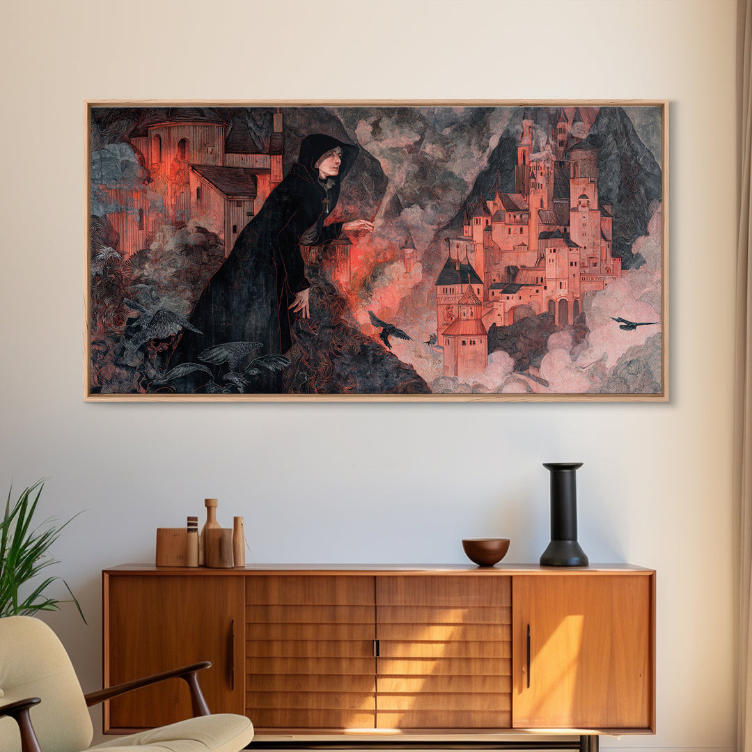 The Vampire Castle, Medieval Grotesque Art, Wide Panoramic Art, Gothic Horror Wall Art, Framed Canvas Print, Halloween Wall Art
