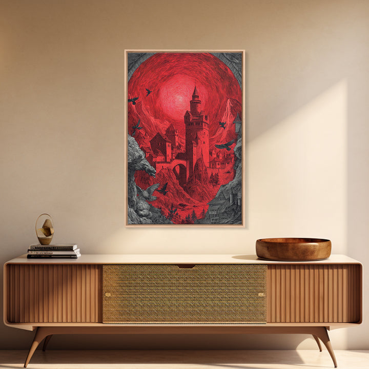 The Vampire Castle, Renaissance Engraving Art, Vertical Wall Art, Dark Halloween Decor, Framed Canvas Print, Halloween Wall Art