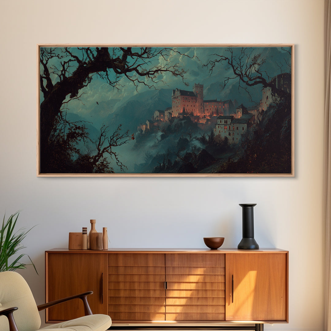 The Vampire Castle, Baroque Witchcraft Art, Wide Panoramic Art, Dark Fantasy Wall Art, Framed Canvas Print, Halloween Wall Art