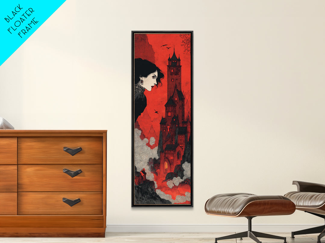 The Vampire Castle, Decadent Line Art, Tall Narrow Wall Art, Gothic Horror Wall Art, Framed Canvas Print, Halloween Wall Art