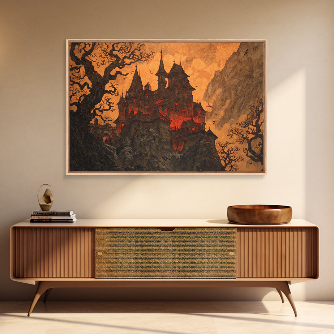 The Vampire Castle, Gothic Storybook Art, Landscape Wall Art, Dark Fantasy Wall Art, Framed Canvas Print, Halloween Wall Art