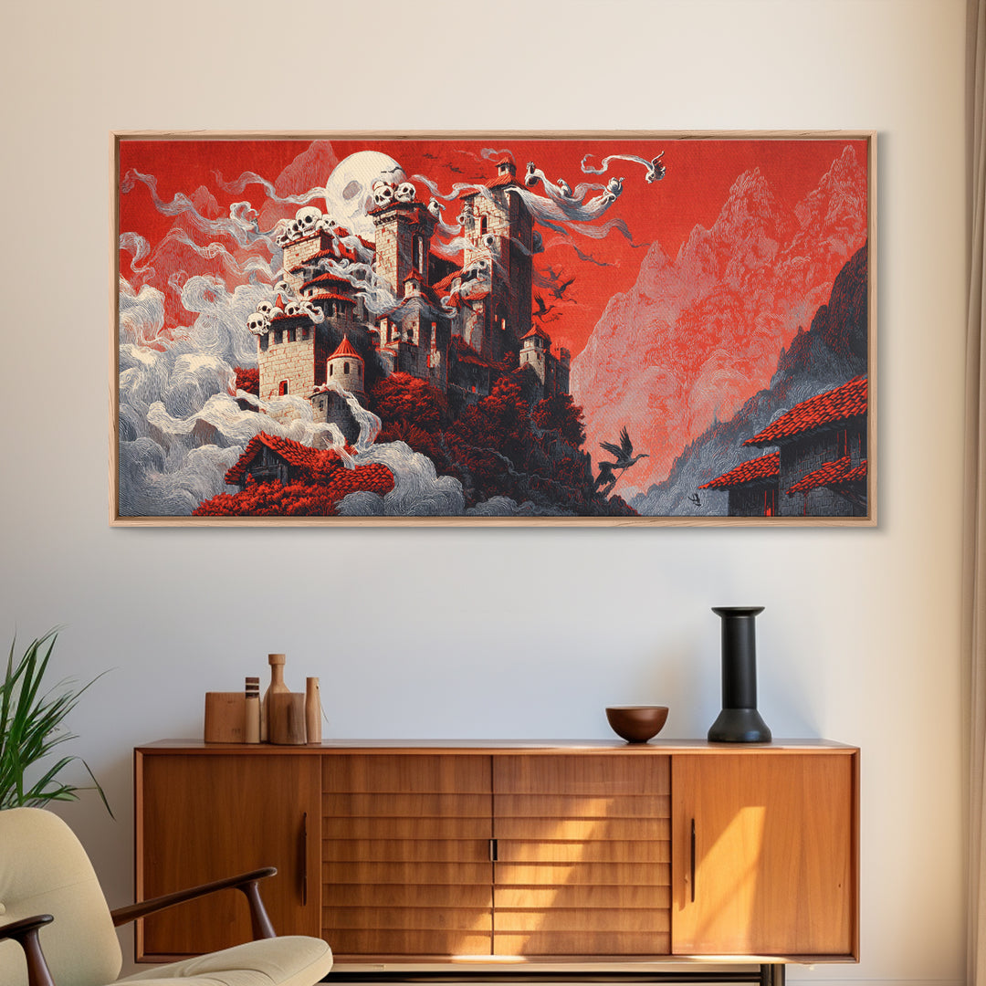 The Vampire Castle, Macabre Folk Print Art, Wide Panoramic Art, Dark Halloween Decor, Canvas Print, Halloween Wall Art