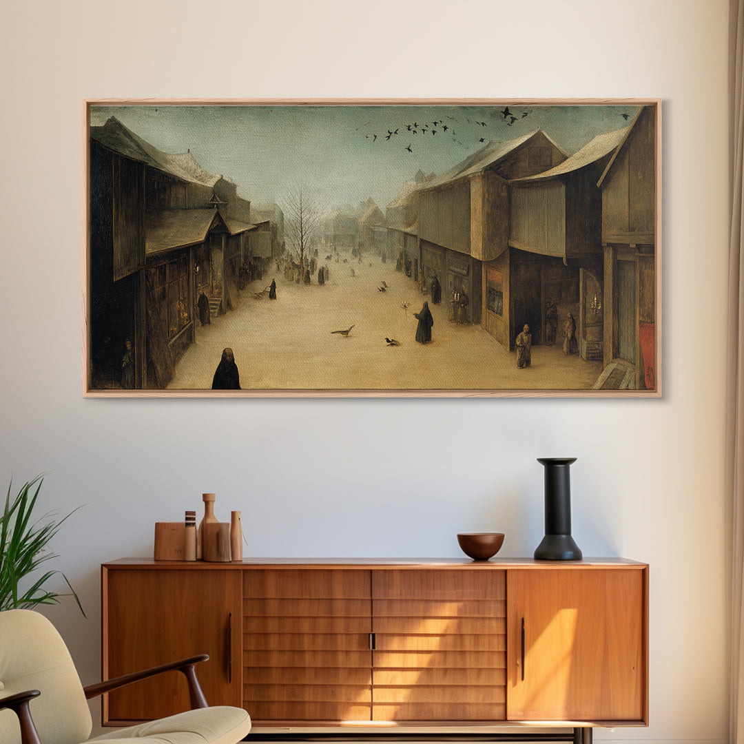The Ghost Town Main Street, Northern Renaissance Horror, Wide Panoramic Art, Dark Halloween Decor, Framed Canvas Print