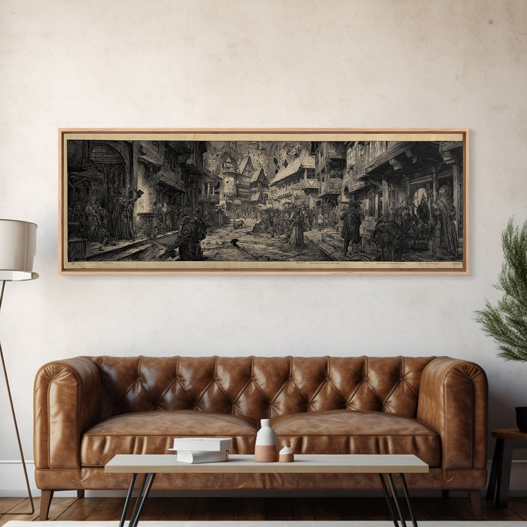 The Ghost Town Main Street, Renaissance Engraving Art, Extra Wide Wall Art, Dark Halloween Decor, Framed Canvas Print, Halloween Wall Art