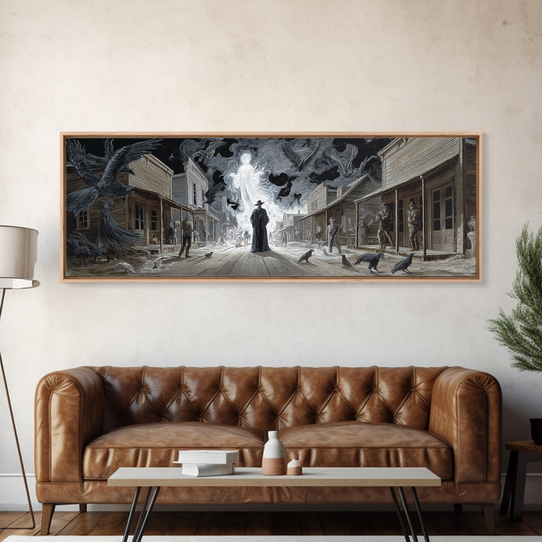 The Ghost Town Main Street, Visionary Gothic Art, Extra Wide Wall Art, Macabre Wall Art, Framed Canvas Print, Halloween Wall Art