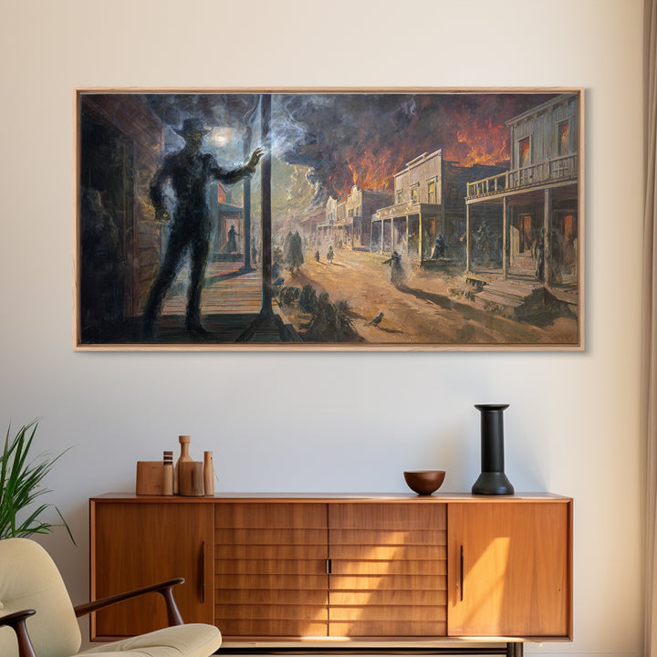 The Ghost Town Main Street, Apocalyptic Romantic Art, Wide Panoramic Art, Dark Fantasy Wall Art, Framed Canvas Print, Halloween Wall Art