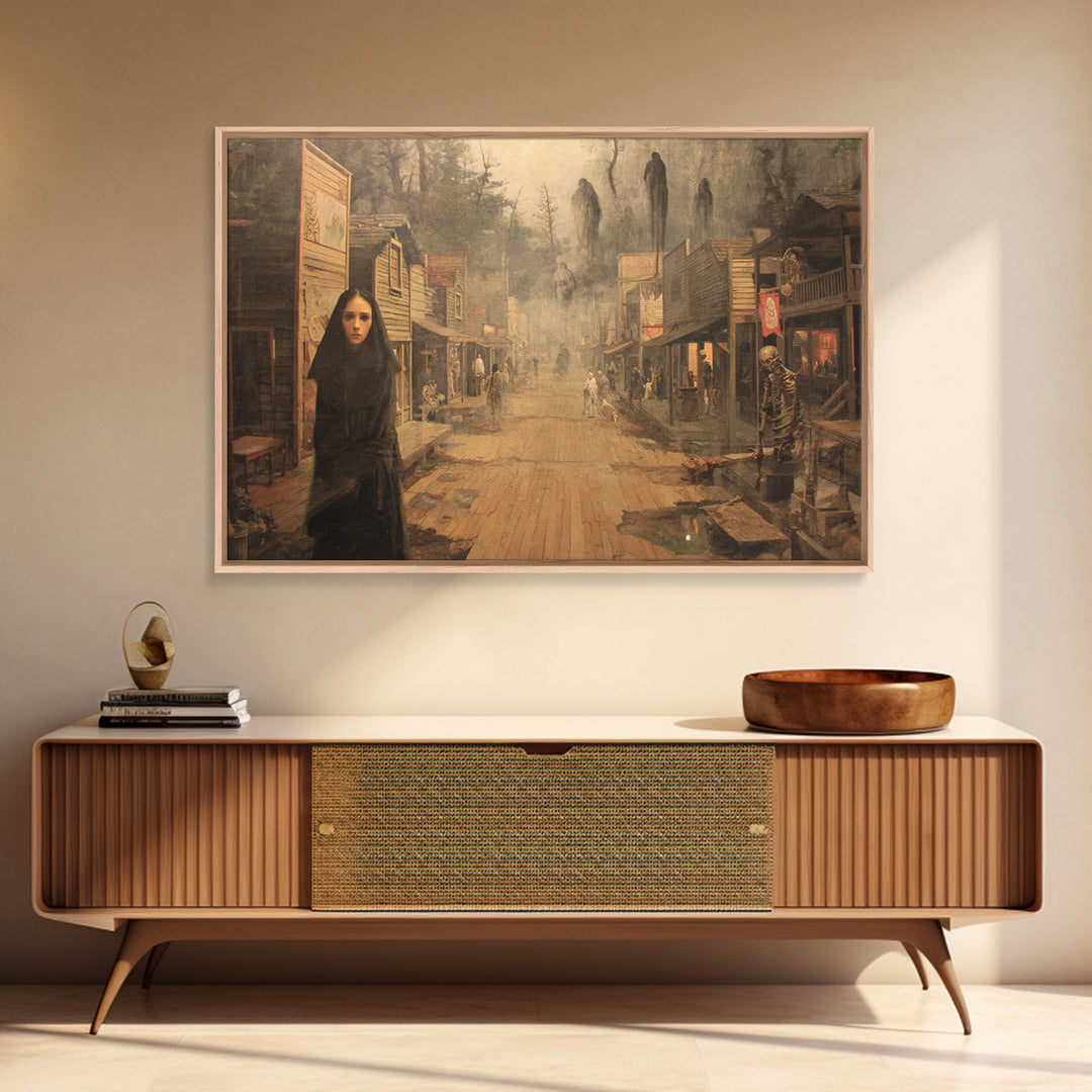 The Ghost Town Main Street, Symbolist Gothic Landscape, Landscape Wall Art, Macabre Wall Art, Framed Canvas Print, Halloween Wall Art