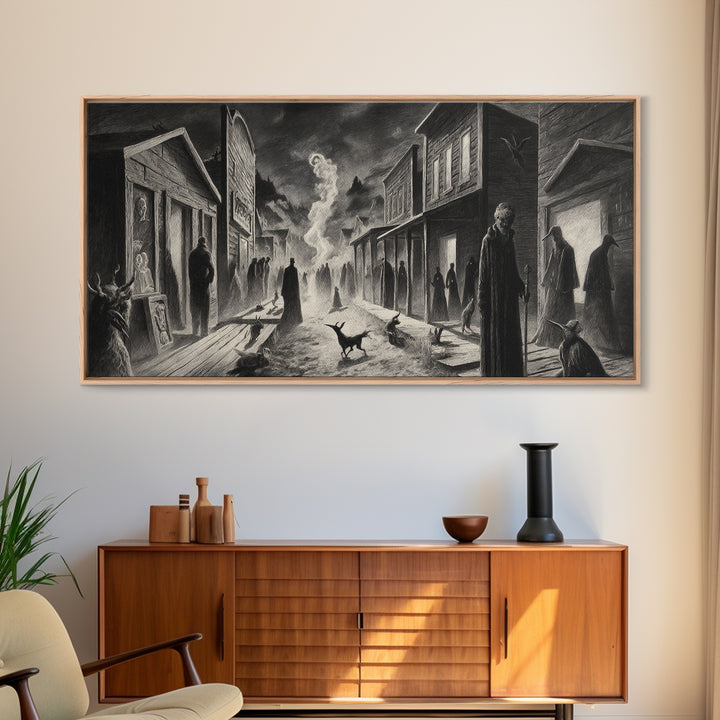 The Ghost Town Main Street, Expressionist Nightmare Art, Wide Panoramic Art, Dark Halloween Decor, Framed Canvas Print, Halloween Wall Art