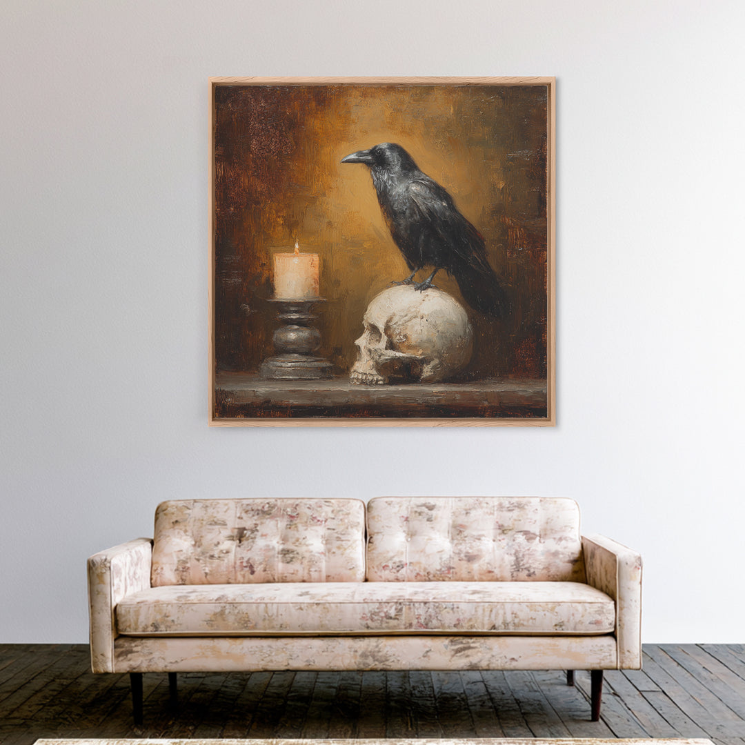 Raven Perched on a Skull Canvas Print, Dark Art, Room Decor, Living Room Decor, Fine Art, Nocturne, Digital Art, DAR-1x1-25