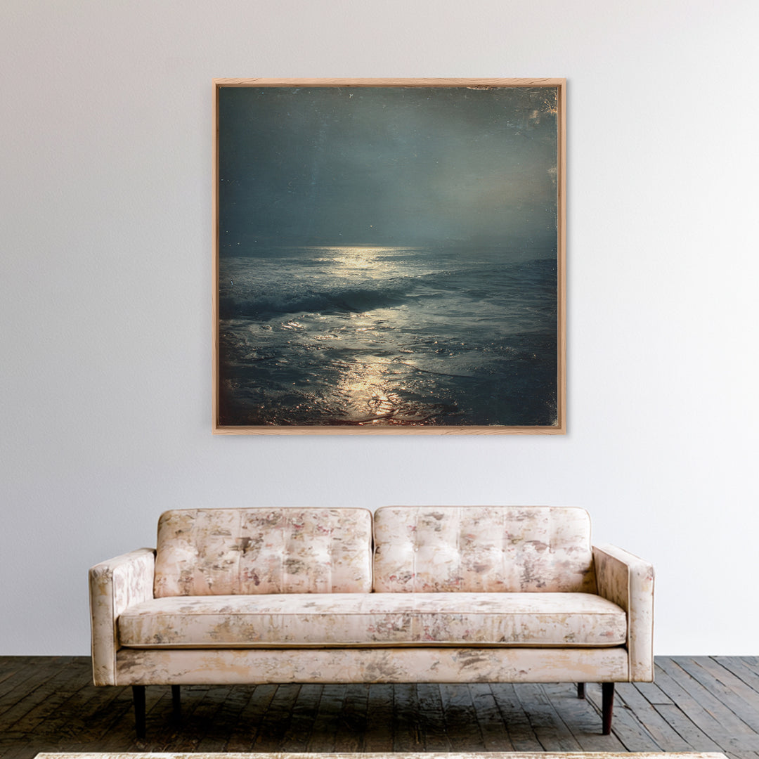 Stormy Sea under a Nearly Black Sky Framed Canvas Print, Dark Art, Textured Painting, Living Room Decor, Fine Art, Nocturne, DAR-1x1-29