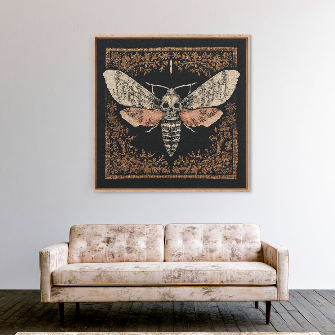 Moth with Skull Pattern on Black Ground Framed Canvas Print, Dark Art, Unique Wall Decor, Living Room Decor, Fine Art, Nocturne, DAR-1x1-39