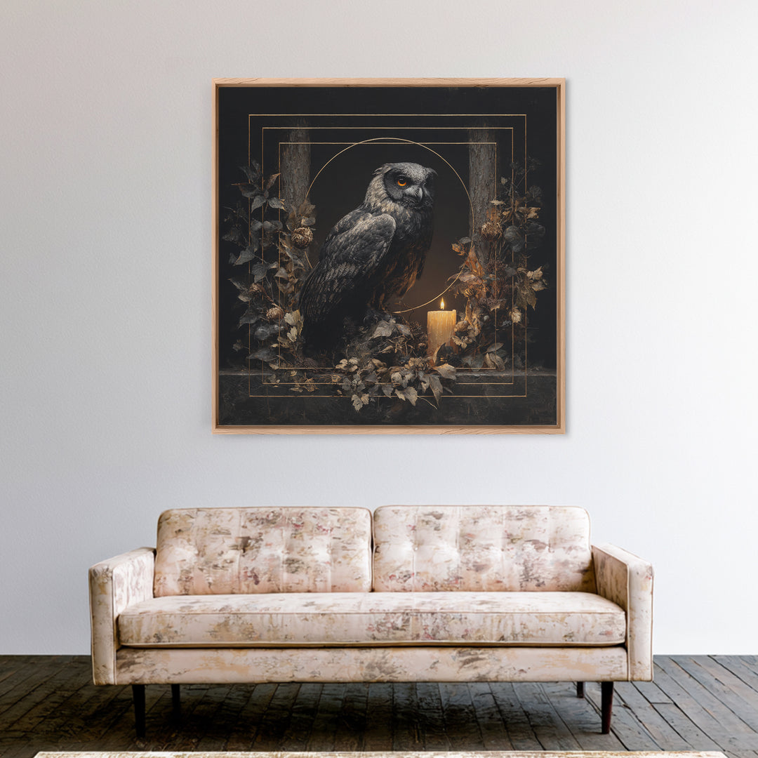 Owl in a Midnight Pine Forest Framed Canvas Print, Dark Art, Weird Art, Living Room Decor, Oil Painting, Nocturne, DAR-1x1-46