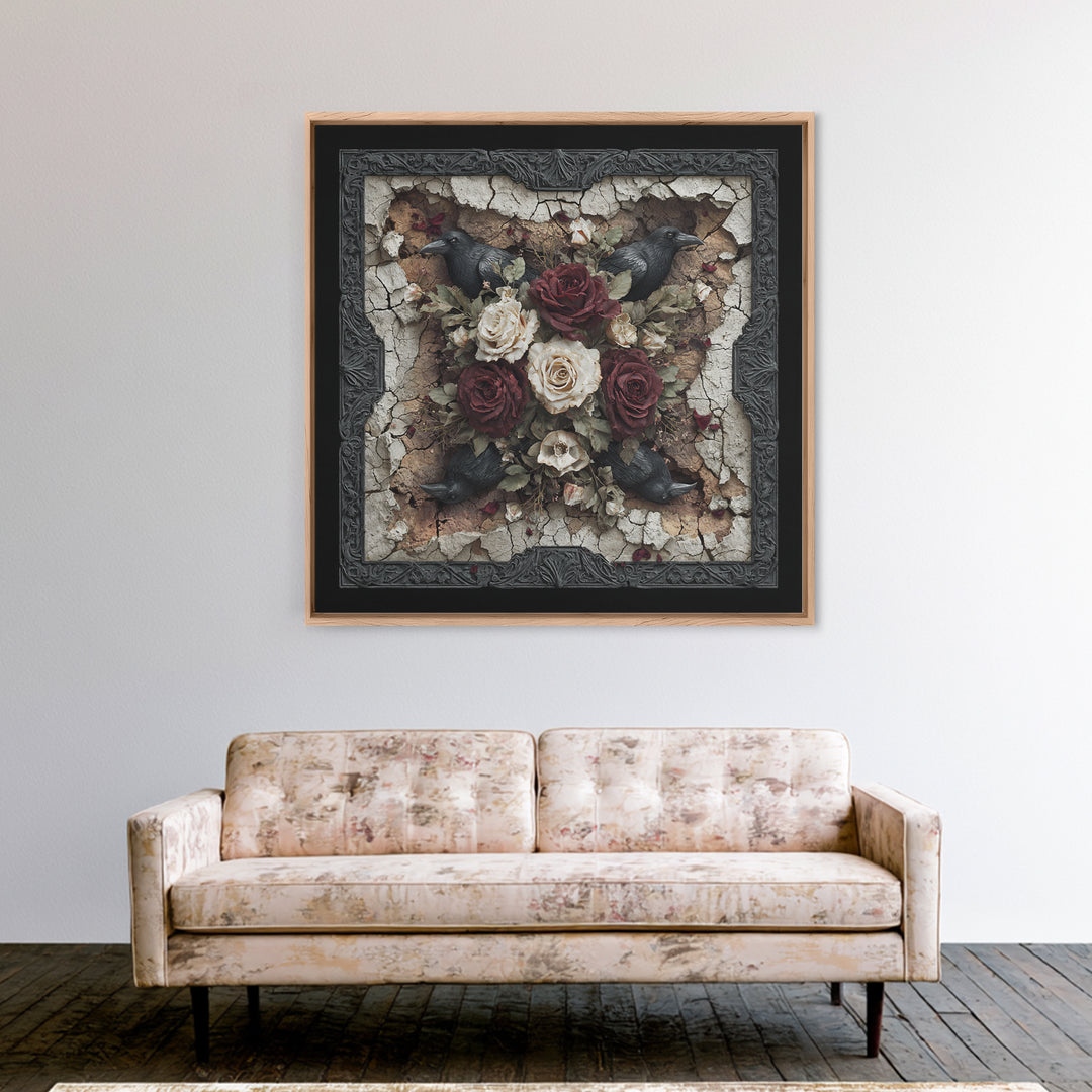 Black Roses Blooming from Cracked Stone Canvas Print, Dark Art, Fantasy Art, Living Room Decor, Fine Art, Nocturne, DAR-1x1-50