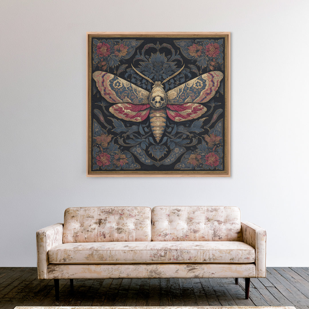 Moth with Skull Pattern on Black Ground Framed Canvas Print, Dark Art, Neutral Decor, Living Room Decor, Fine Art, Nocturne, DAR-1x1-63