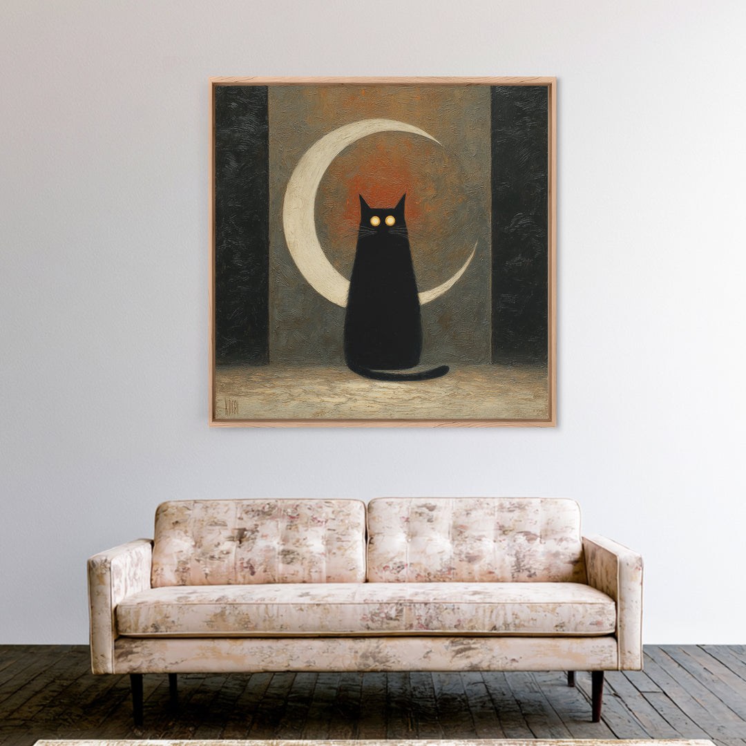 Black Cat with Glowing Eyes under Crescent Canvas Print, Dark Art, Statement Artwork, Living Room Decor, Fine Art, Nocturne, DAR-1x1-9