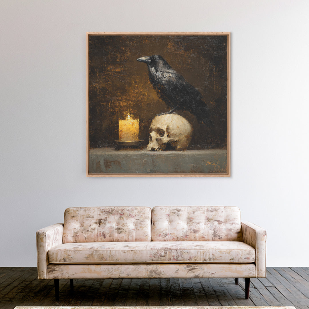 Raven Perched on a Skull Canvas Print, Dark Art, Art Print, Living Room Decor, Oil Painting, Nocturne, Halloween Art, DAR-1x1-97